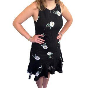 Banana Republic Black Floral Shift Dress Sleeveless Linen Cotton Daisy Ruffle Si